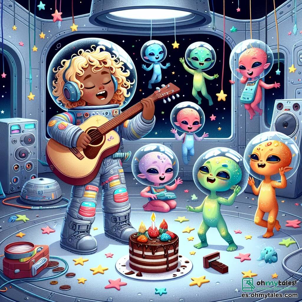 Une illustration sous forme de dessin destinée aux enfants représentant une base spatiale futuriste avec des murs argentés et des fenêtres en forme d'étoiles, où une fille de 9 ans aux cheveux dorés et bouclés, vêtue d'une combinaison spatiale colorée, joue de la guitare entourée de trois petits extraterrestres aux peaux brillantes et changeantes, l'un bleu, l'autre vert et le dernier orange, qui dansent joyeusement tout en goûtant un gâteau au chocolat, illustrant un moment de découverte et d'amitié intergalactique.