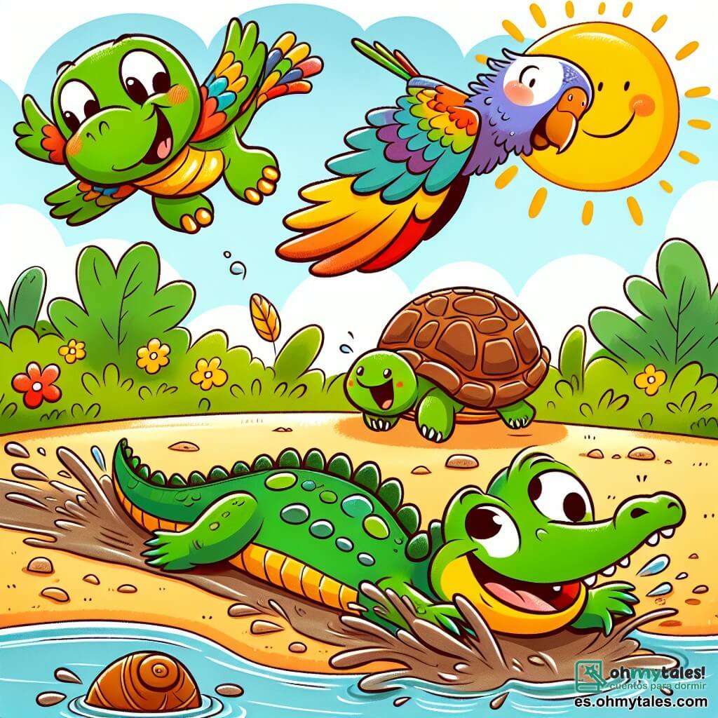 Une illustration sous forme de dessin destinée aux enfants représentant une scène joyeuse au bord d'une rivière ensoleillée, où un petit crocodile vert avec des écailles brillantes et un grand sourire glisse dans la boue, tandis qu'une tortue marron avec un joli motif sur sa carapace danse lentement à côté de lui, et un perroquet coloré aux plumes éclatantes s'envole au-dessus d'eux en riant, capturant l'esprit ludique de leur jeu de danse et de course.