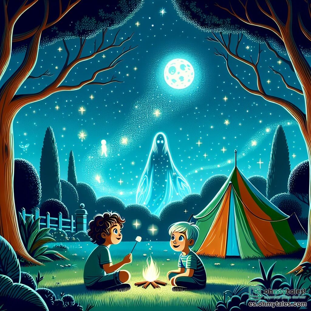 Ilustración que representa una noche estrellada en un jardín, donde una tienda colorida está instalada sobre la hierba verde. El cielo está salpicado de estrellas brillantes, y una suave luz de luna ilumina la escena, creando sombras danzantes en el suelo. En primer plano, un niño de doce años, con cabello castaño y rizado, un rostro curioso y ojos desorbitados, está sentado en posición de loto fuera de la tienda. A su lado, otro niño, ligeramente más pequeño, con cabello rubio y una sonrisa traviesa, sostiene un palo de malvavisco asado. En el fondo, una silueta luminosa, un espíritu de la noche, flota delicadamente, con una apariencia etérea, iluminada por un suave resplandor azulado, sus ojos brillando de amabilidad. La escena captura el momento en que los dos niños, maravillados, miran al espíritu que les muestra las maravillas de la noche, rodeados de luciérnagas brillantes que danzan a su alrededor. Árboles majestuosos bordean el jardín, sus hojas susurran suavemente en el viento, añadiendo un toque de misterio a esta noche mágica.