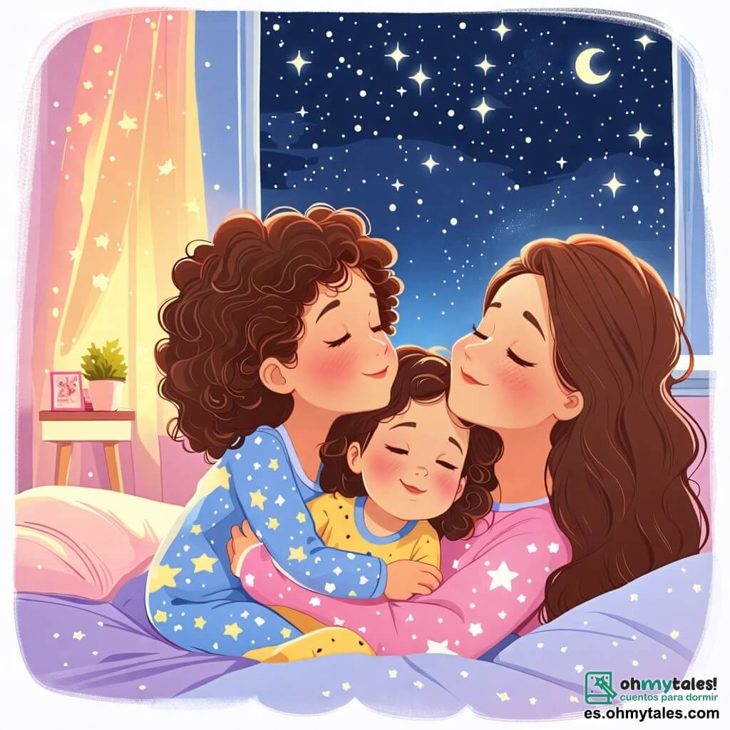 Une illustration sous forme de dessin destinée aux enfants représentant une chambre douce et chaleureuse, avec des murs peints en pastel, où une petite fille de 2 ans aux cheveux bouclés et aux yeux pétillants, portant un pyjama étoilé, regarde par la fenêtre avec émerveillement, tandis que sa maman, une femme souriante aux cheveux longs, l'enlace tendrement, et ensemble, elles contemplent un ciel nocturne parsemé d'étoiles scintillantes, illustrant le moment où la peur du noir se transforme en fascination pour la beauté de la nuit.