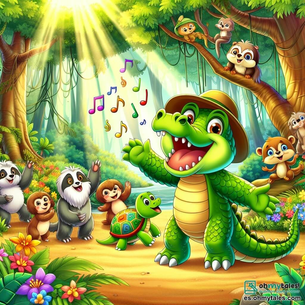 Ilustración que representa un gran claro soleado en el corazón de una jungla exuberante, con árboles gigantes de hojas verdes brillantes y flores coloridas que añaden un toque de magia. En el centro, un cocodrilo con una sonrisa amigable, con escamas verdes brillantes y una pequeña gorra de explorador, baila alegremente mientras canta, rodeado de sus amigos. A su lado, una pequeña tortuga de caparazón colorido, con ojos chispeantes de emoción, aplaude y anima al cocodrilo. Un perezoso de brazos largos, con una expresión divertida, hace movimientos cómicos, sumando a la atmósfera festiva. El ambiente está lleno de risas y alegría, con animales de la jungla que miran y aplauden, creando una escena vibrante y llena de vida. Notas de música flotan en el aire, simbolizando la canción pegajosa que une a todos los personajes en este momento de felicidad compartida.