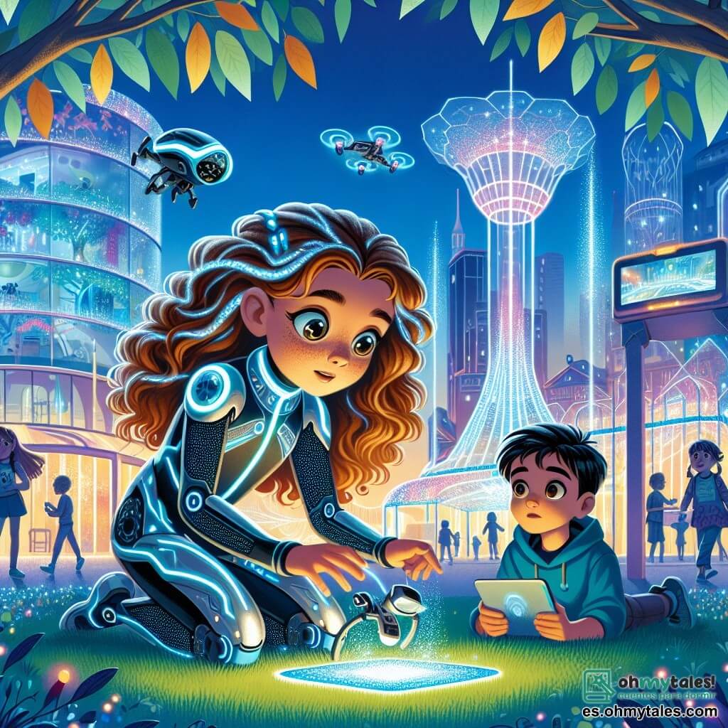 Ilustración que representa un parque futurista vibrante de colores, con árboles de hojas luminosas y estructuras de vidrio que brillan bajo un cielo azul claro. En el centro de la imagen, una niña de 11 años, con cabello largo y rizado de color castaño, lleva un traje tecnológico brillante. Está inclinada sobre un pequeño dron flotante, sus ojos brillando de curiosidad mientras manipula una pantalla holográfica. A su lado, un niño de 12 años, con cabello corto y negro, observa atentamente, con los brazos cruzados y una expresión de emoción. Juntos, descubren un mensaje holográfico que emana del dron, proyectando luces de colores a su alrededor. En el fondo, niños juegan con robots y dispositivos de realidad aumentada, añadiendo una atmósfera dinámica y alegre a la escena.
