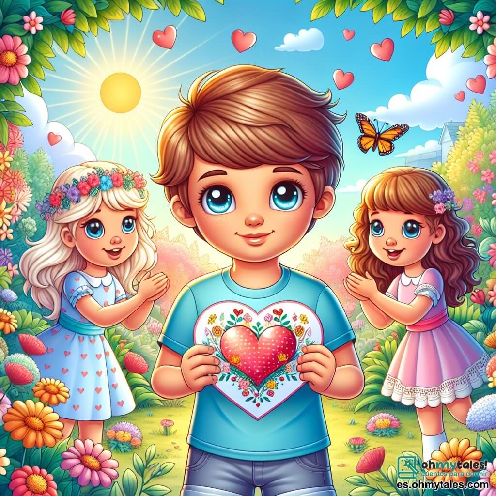 Une illustration sous forme de dessin destinée aux enfants représentant un jardin coloré en pleine floraison, où un garçon de 11 ans aux cheveux bruns et aux yeux pétillants, vêtu d'un t-shirt bleu et d'un short, tient une carte de Saint-Valentin décorée de cœurs, tandis qu'à ses côtés, deux filles, l'une aux cheveux blonds et l'autre aux cheveux châtains, souriantes et vêtues de robes légères, l'encouragent à chercher le Corazón Escondido, symbolisant l'amitié et l'amour, entourés de fleurs vibrantes et de mariposas dans un ciel ensoleillé.