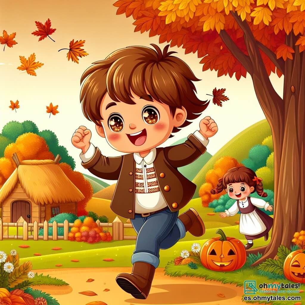 Une illustration destinée aux enfants représentant un garçon aux cheveux châtains et aux yeux pétillants, rempli d'enthousiasme, courant à travers un parc d'automne où les feuilles dorées et rouges tombent doucement des arbres majestueux, tandis qu'une fille aux couettes joue à ses côtés, tous deux entourés de citrouilles et de cabanes décorées pour le festival de la saison.