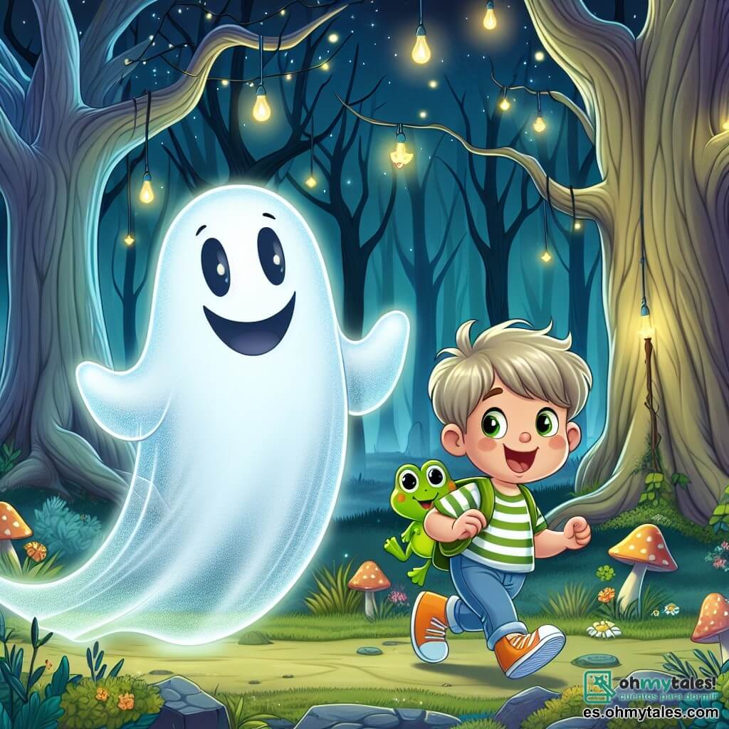 Une illustration sous forme de dessin destinée aux enfants représentant un marais brumeux et mystérieux, avec des arbres géants aux troncs noueux et des lucioles scintillantes dans l'air, où un fantôme lumineux, avec une apparence douce et translucide, flotte joyeusement en souriant, tandis qu'un petit garçon grenouille, aux yeux ronds et au sourire large, saute près de lui, tenant une petite grenouille en jouet, alors qu'ils cherchent ensemble la grenouille perdue dans une ambiance amicale et magique.