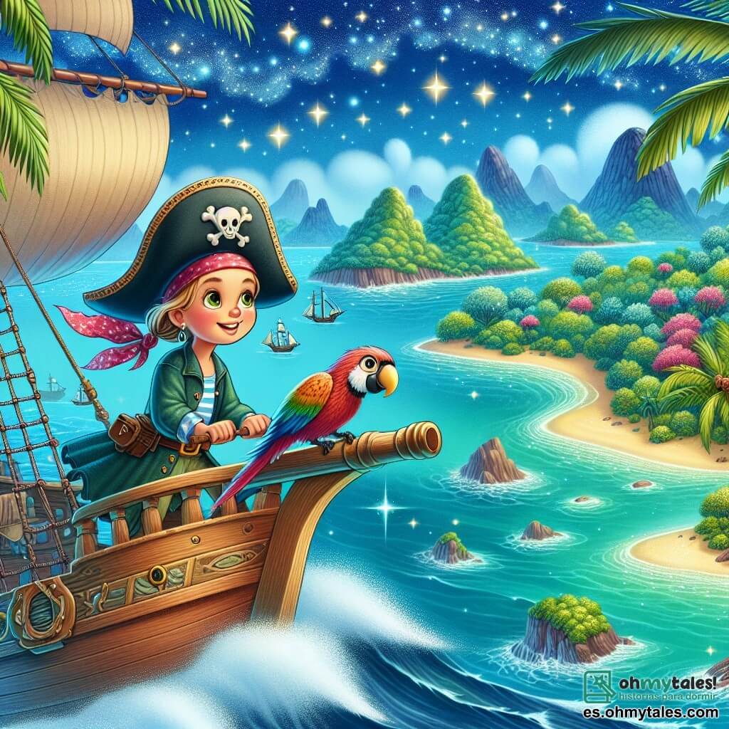 Une illustration destinée aux enfants représentant une courageuse jeune femme pirate naviguant sur un navire majestueux, accompagnée de son fidèle perroquet bavard, à travers des eaux cristallines parsemées d'îles tropicales luxuriantes et de cieux étoilés scintillants.