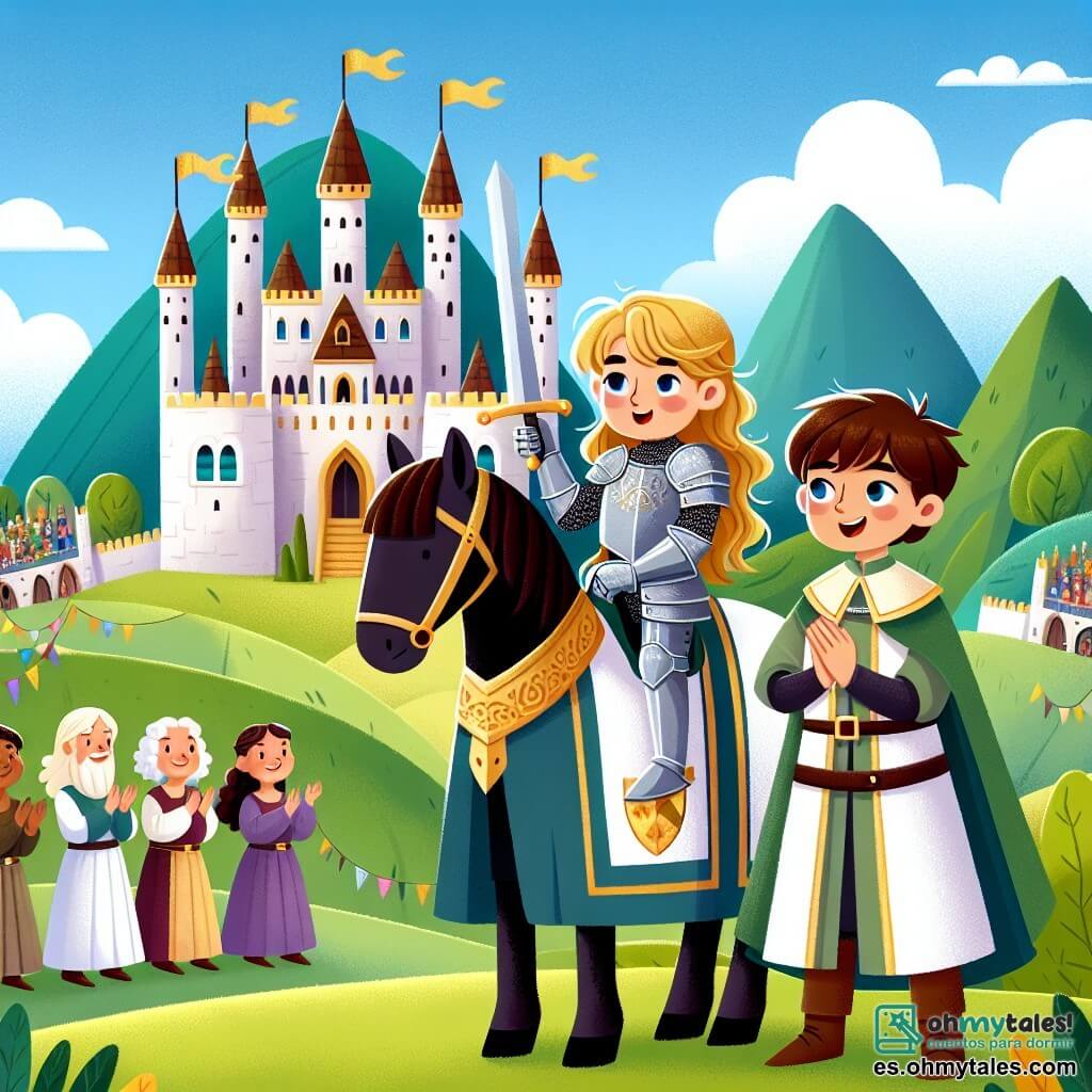 Une illustration sous forme de dessin destinée aux enfants représentant un majestueux château médiéval aux tours élancées, entouré de verdoyantes collines, où une courageuse chevaleresse aux cheveux longs et dorés, vêtue d'une armure étincelante et brandissant une épée, se tient fièrement sur un cheval noir, tandis qu'à ses côtés, un jeune écuyer aux cheveux bruns et aux yeux pétillants, portant une tunique simple, l'encourage avec un sourire, alors qu'ils se préparent à défendre le royaume lors d'un tournoi épique, avec des spectateurs enthousiastes en arrière-plan, applaudissant et brandissant des bannières colorées.