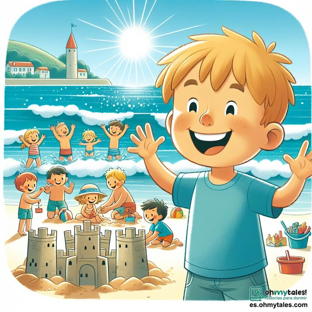 Une illustration destinée aux enfants représentant un jeune garçon plein d'excitation, se tenant sur une plage ensoleillée, entouré de châteaux de sable et d'amis, avec l'océan bleu scintillant à l'horizon.