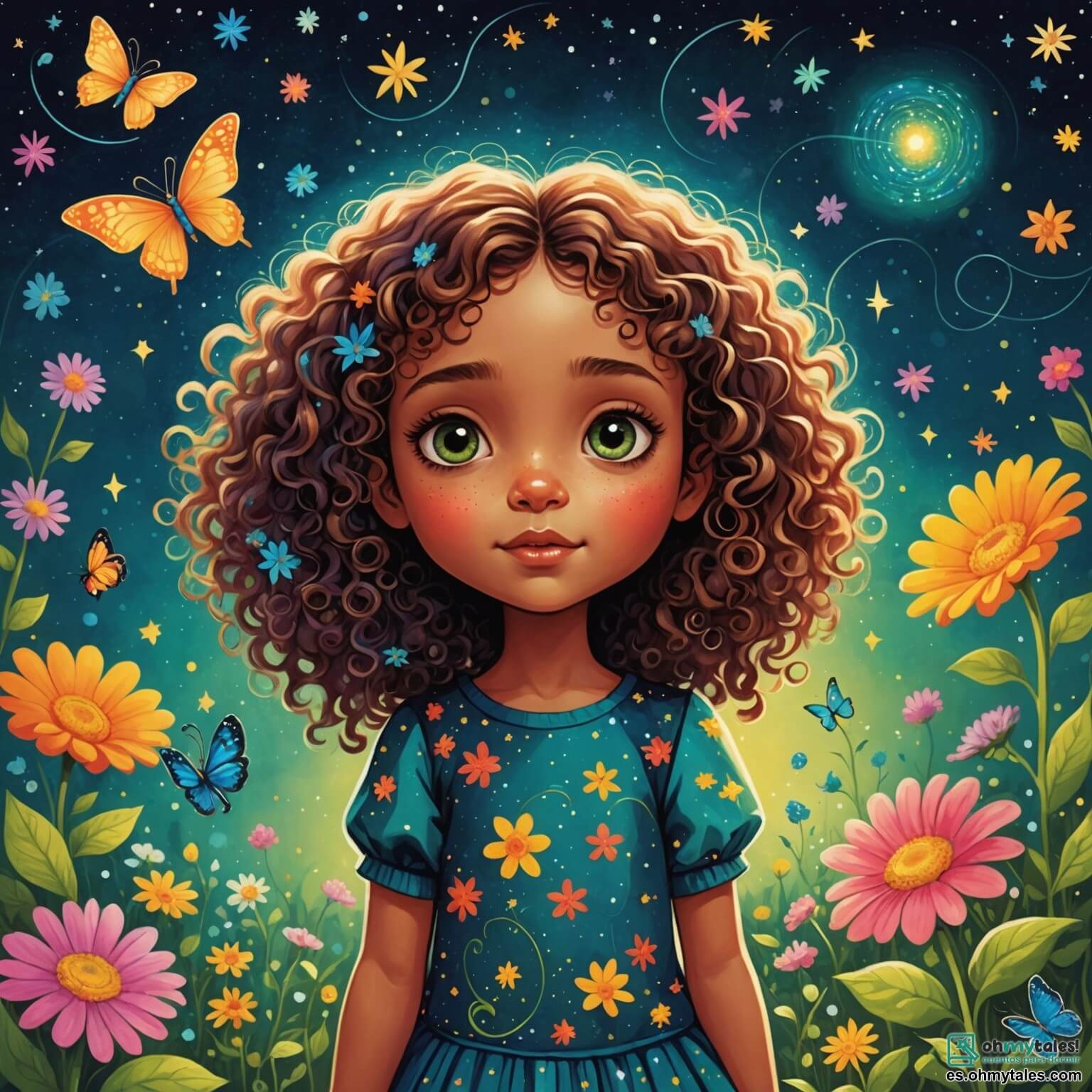 Une illustration destinée aux enfants représentant une petite fille aux yeux pétillants et aux cheveux bouclés, émerveillée par la danse des étoiles dans un ciel nocturne parsemé de constellations scintillantes, alors qu'elle se tient dans son jardin coloré, entourée de fleurs éclatantes et de papillons virevoltants, prête à embarquer dans une aventure intergalactique avec un extraterrestre vert aux grands yeux curieux, qui vient d'atterrir dans une soucoupe brillante, illuminant la nuit de mille feux.