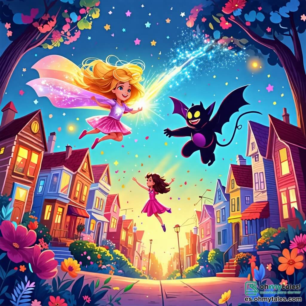 Une illustration sous forme de dessin destinée aux enfants représentant une ville colorée et lumineuse, avec des maisons aux teintes vives et des fleurs chantantes, où une super-héroïne courageuse aux cheveux brillants et au costume étincelant vole dans les airs, illuminant la scène de sa lumière éclatante, tandis qu'à ses côtés, sa meilleure amie, une fille portant un gorro magique, l'encourage avec un grand sourire, alors qu'elles font face à un vilain sombre et menaçant qui tente de voler la lumière de la ville, créant une atmosphère de tension et d'espoir.