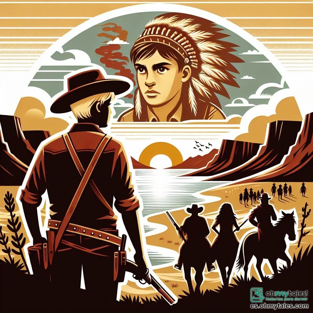 Une illustration destinée aux enfants représentant un jeune cow-boy courageux, une tribu d'indiens en quête d'aide, et un vaste paysage désertique du Far West baigné par le soleil couchant.
