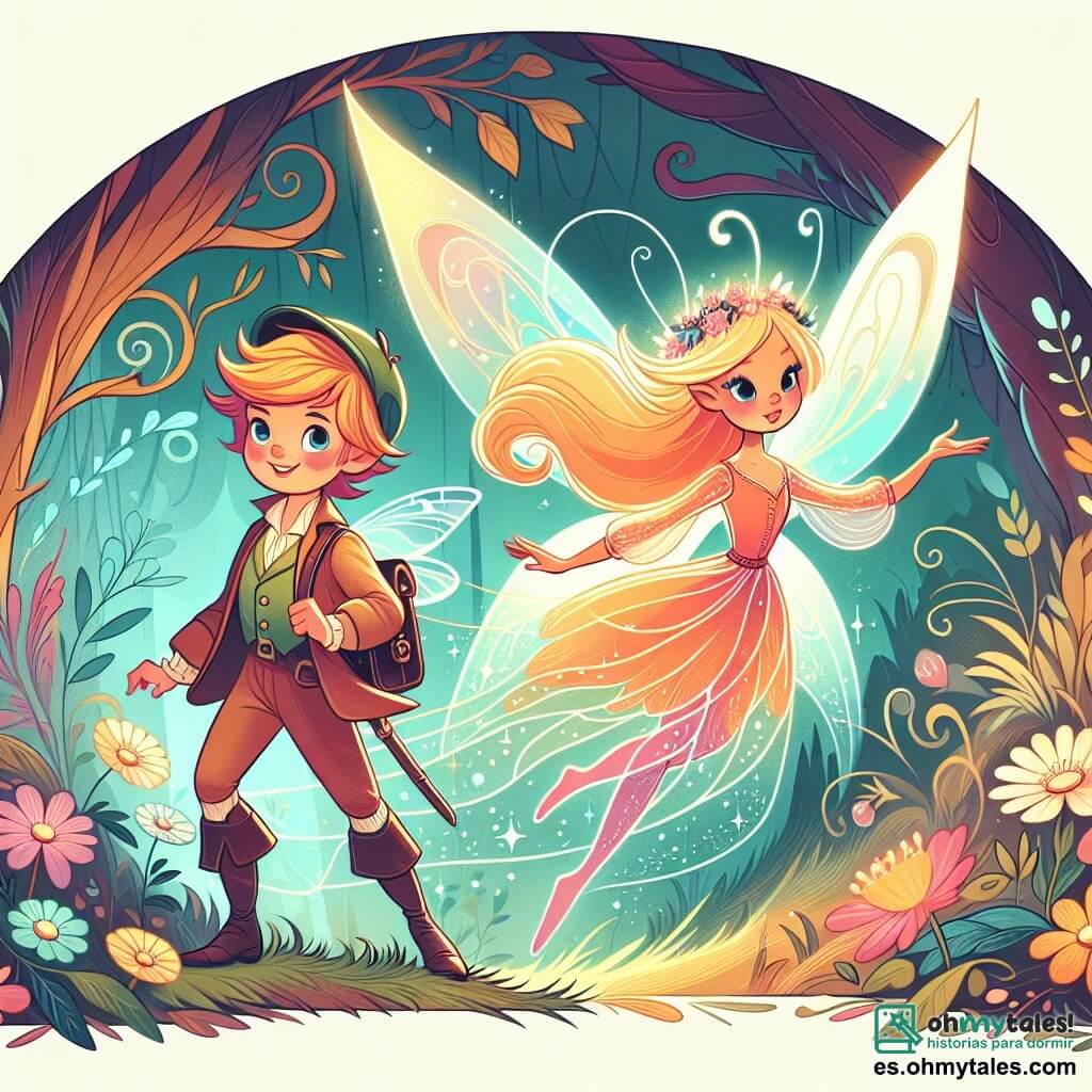 Une illustration destinée aux enfants représentant une jeune fille courageuse partant à l'aventure dans un mystérieux et coloré Bosque de los Sueños, accompagnée d'un adorable hada lumineux.