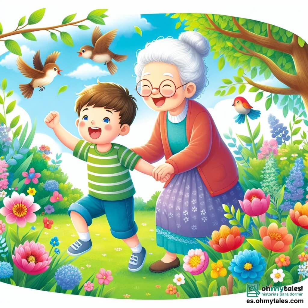 Une illustration destinée aux enfants représentant un jeune garçon plein d'enthousiasme, découvrant les merveilles du printemps aux côtés de sa douce et sage grand-mère, dans un parc luxuriant rempli de fleurs colorées et d'oiseaux chantants.
