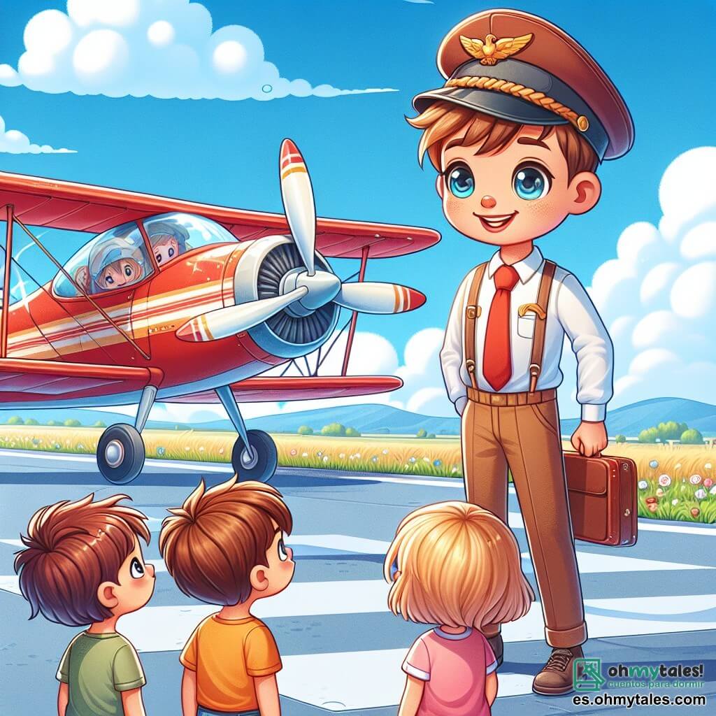 Une illustration sous forme de dessin destinée aux enfants représentant un petit aéroport ensoleillé, avec un homme grand et souriant aux yeux pétillants, portant une casquette de pilote et vérifiant son biplan rouge vif, tandis qu'un groupe de trois enfants, deux garçons aux cheveux châtains et une fille aux cheveux blonds, les yeux brillants d'excitation, l'observe avec admiration, alors qu'une légère brise fait danser les nuages blancs dans un ciel bleu éclatant, capturant l'instant où le pilote se prépare à partager l'aventure du vol avec ses jeunes amis.