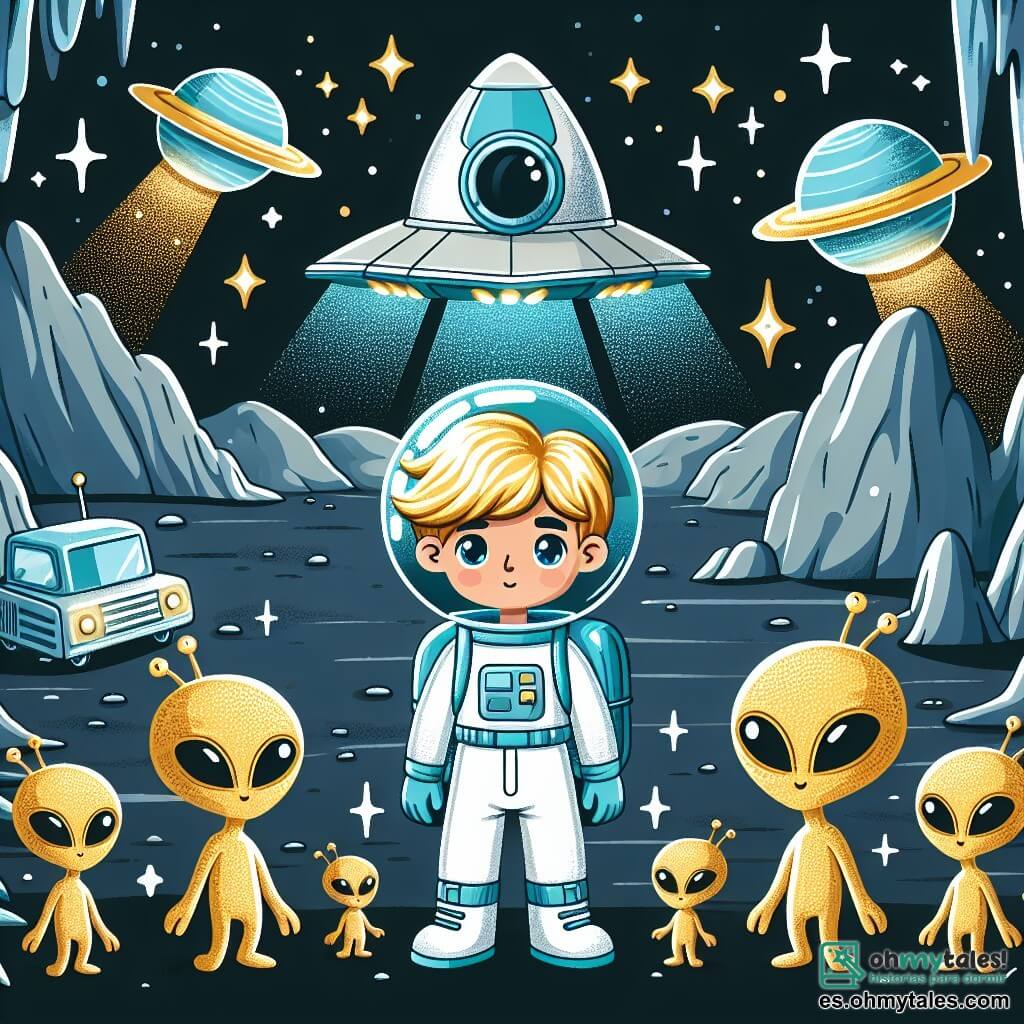 Une illustration destinée aux enfants représentant un jeune astronaute courageux, se tenant devant une navette spatiale futuriste, accompagné d'adorables extraterrestres dorés dans une grotte scintillante sur le mystérieux Planète Zeta.