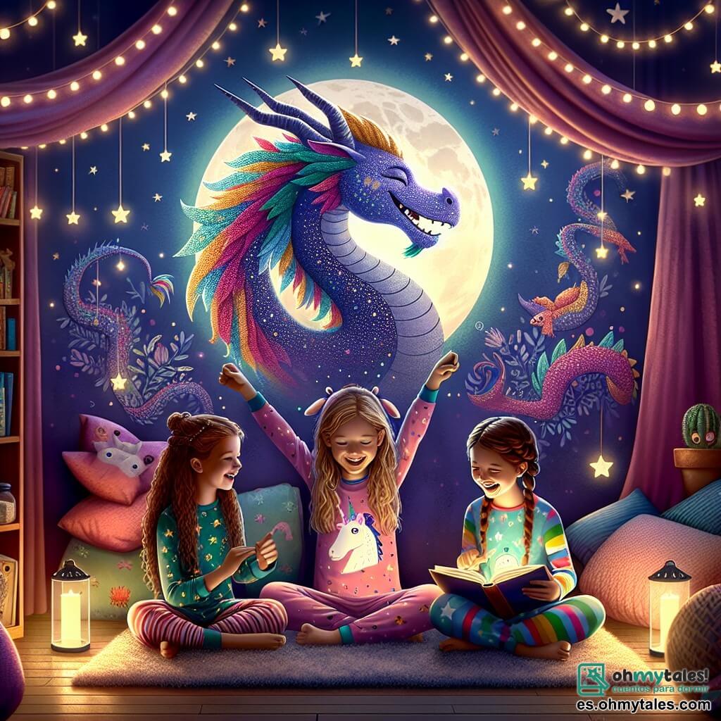 Ilustración que representa una habitación mágica decorada para una pijamada. Las paredes están pintadas de azul noche, salpicadas de estrellas brillantes y un gran mural colorido de un dragón sonriente bajo una luna resplandeciente. En el centro de la habitación, tres niñas están sentadas sobre una alfombra suave. La primera niña, de unos 10 años, tiene el cabello largo y castaño y lleva un pijama rosa con motivos de unicornios. Lee un libro con entusiasmo, sus ojos brillan de alegría. La segunda niña, también de 10 años, tiene el cabello rubio trenzado y lleva un pijama a rayas multicolores. Levanta los brazos en el aire, imitando un gesto heroico, con una gran sonrisa en su rostro. La tercera niña, un poco más pequeña, tiene el cabello castaño y lleva un pijama azul con estrellas. Se ríe, con los ojos brillantes, mientras sostiene un peluche en forma de dragón. La situación principal muestra a las niñas transformando su miedo a la oscuridad en una aventura alegre, rodeadas de luces coloridas que brillan como estrellas. Guirnaldas luminosas cuelgan del techo, creando una atmósfera cálida y acogedora. Cojines y mantas coloridas están esparcidos a su alrededor, añadiendo un toque de comodidad a esta escena mágica.