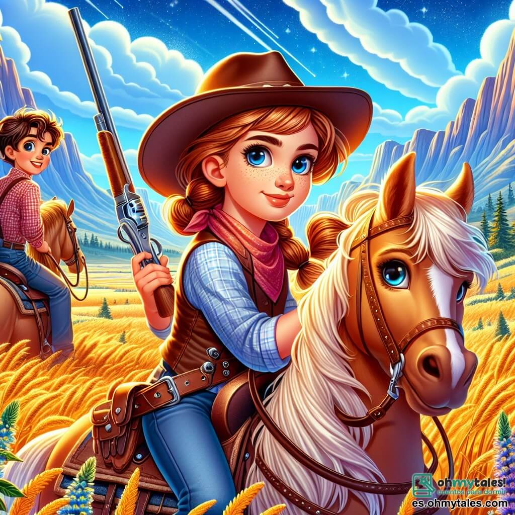 Une illustration sous forme de dessin destinée aux enfants représentant un vaste paysage de prairie dorée sous un ciel bleu éclatant, où une jeune fille aux cheveux châtains, portant un chapeau de cow-boy et un gilet en cuir, tient fermement les rênes de son cheval castaño clair tout en scrutant l'horizon avec détermination, tandis que son petit frère aux yeux brillants et aux cheveux bouclés, vêtu d'une chemise à carreaux, l'observe avec admiration, alors qu'ils se préparent à partir à l'aventure à la recherche d'or dans le mystérieux fleuve doré, entourés de montagnes majestueuses et de fleurs sauvages colorées.