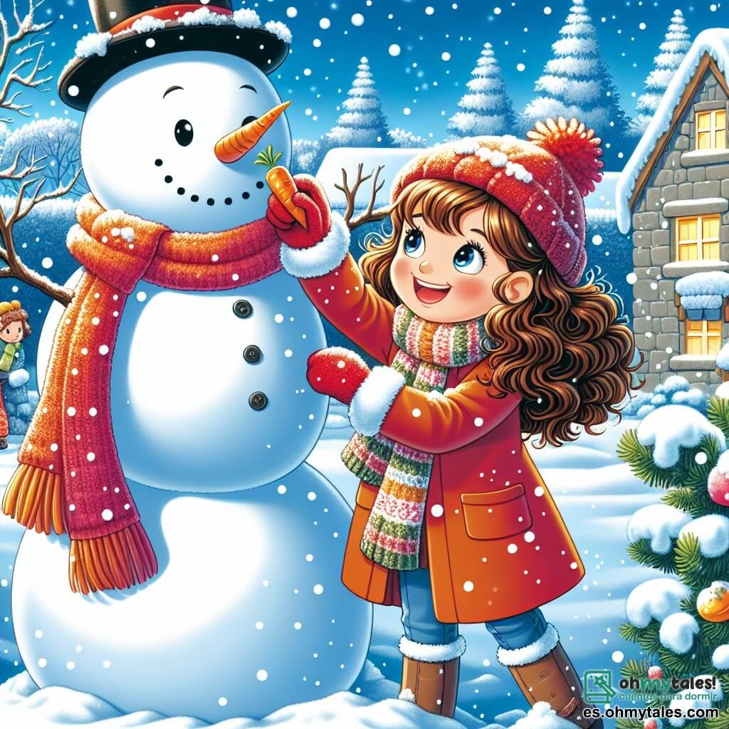 Une illustration sous forme de dessin destinée aux enfants représentant un jardin enneigé dans le petit village de Valdeluz, avec une fille de 9 ans aux cheveux châtains et bouclés, portant une écharpe rouge et des gants de laine, en train de construire un grand bonhomme de neige avec un sourire joyeux, tandis qu'une femme aux cheveux bruns, vêtue d'un manteau coloré, l'observe avec fierté et lui tend une carotte pour le nez, le tout sous un ciel bleu clair parsemé de flocons de neige scintillants.
