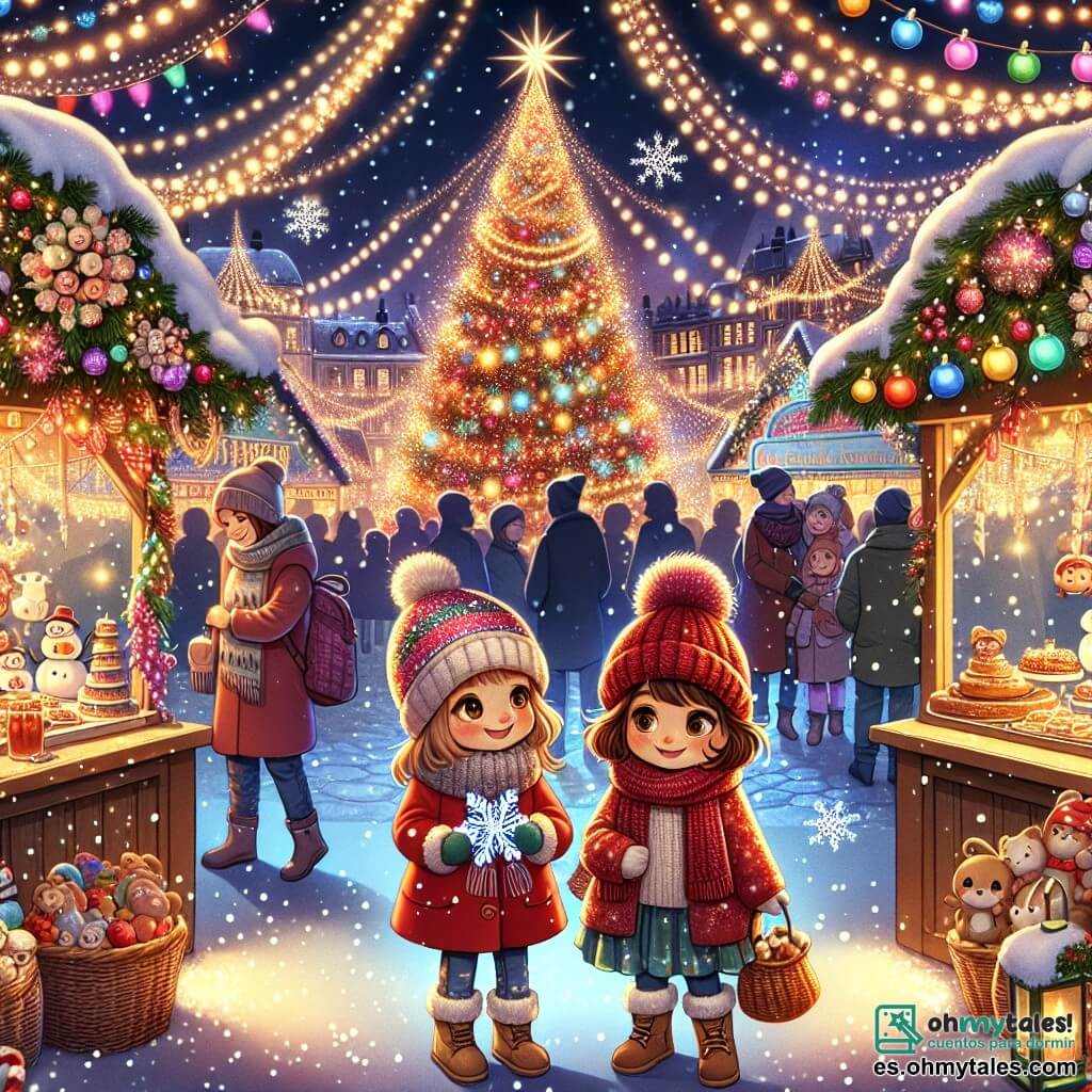 Ilustración que representa un animado mercado navideño, lleno de coloridos puestos decorados con guirnaldas luminosas y copos de nieve que caen suavemente. En el centro, un gran árbol de Navidad brillante, adornado con bolas relucientes y luces multicolores, ilumina la escena con un suave resplandor dorado. Dos personajes principales se encuentran en primer plano: una niña de once años con cabello castaño claro, vestida con un abrigo rojo brillante y un gorro de lana, que sonríe con asombro mientras sostiene un adorno en forma de copo de nieve. A su lado, otra niña de su edad, con cabello rizado y gorro de lana rojo, la observa con ojos chispeantes de alegría, sosteniendo una pequeña bolsa llena de dulces. La situación principal muestra a las dos amigas descubriendo la magia de la Navidad, rodeadas de juguetes animados y luces centelleantes, mientras se preparan para compartir su aventura con otros niños del mercado. Al fondo, familias ríen y se agrupan alrededor de puestos de pasteles y bebidas calientes, creando una atmósfera festiva y cálida. Copos de nieve bailan en el aire, añadiendo un toque de magia a esta escena alegre.