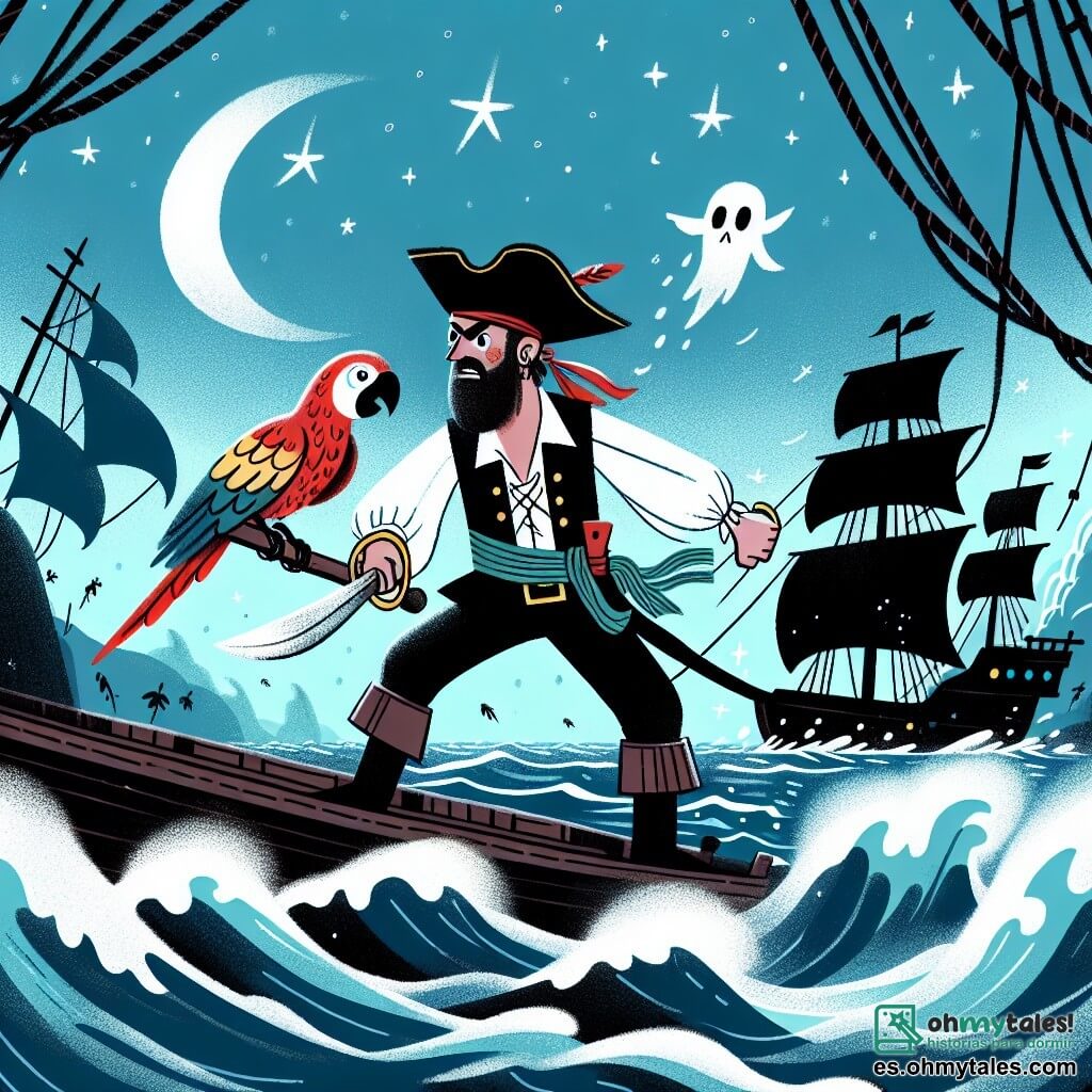 Une illustration destinée aux enfants représentant un courageux capitaine pirate (homme) affrontant un redoutable ennemi à bord de son navire, avec son fidèle perroquet (animal) perché sur son épaule, dans les eaux tumultueuses de l'océan, sous un ciel étoilé parsemé de voiles de navires fantômes.