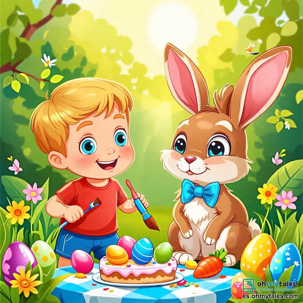 Une illustration sous forme de dessin destinée aux enfants représentant un jardin ensoleillé rempli de fleurs colorées et d'arbustes verts, où un garçon de 2 ans aux cheveux blonds et aux yeux pétillants, vêtu d'un t-shirt rouge et d'un short bleu, s'amuse à peindre des œufs de Pâques multicolores avec un pinceau, tandis qu'un joyeux petit lapin aux grandes oreilles et au pelage brun, avec un nœud papillon bleu, l'observe en souriant, entourés de pots de peinture éclaboussés et d'un gâteau en forme de carotte sur une nappe à carreaux.