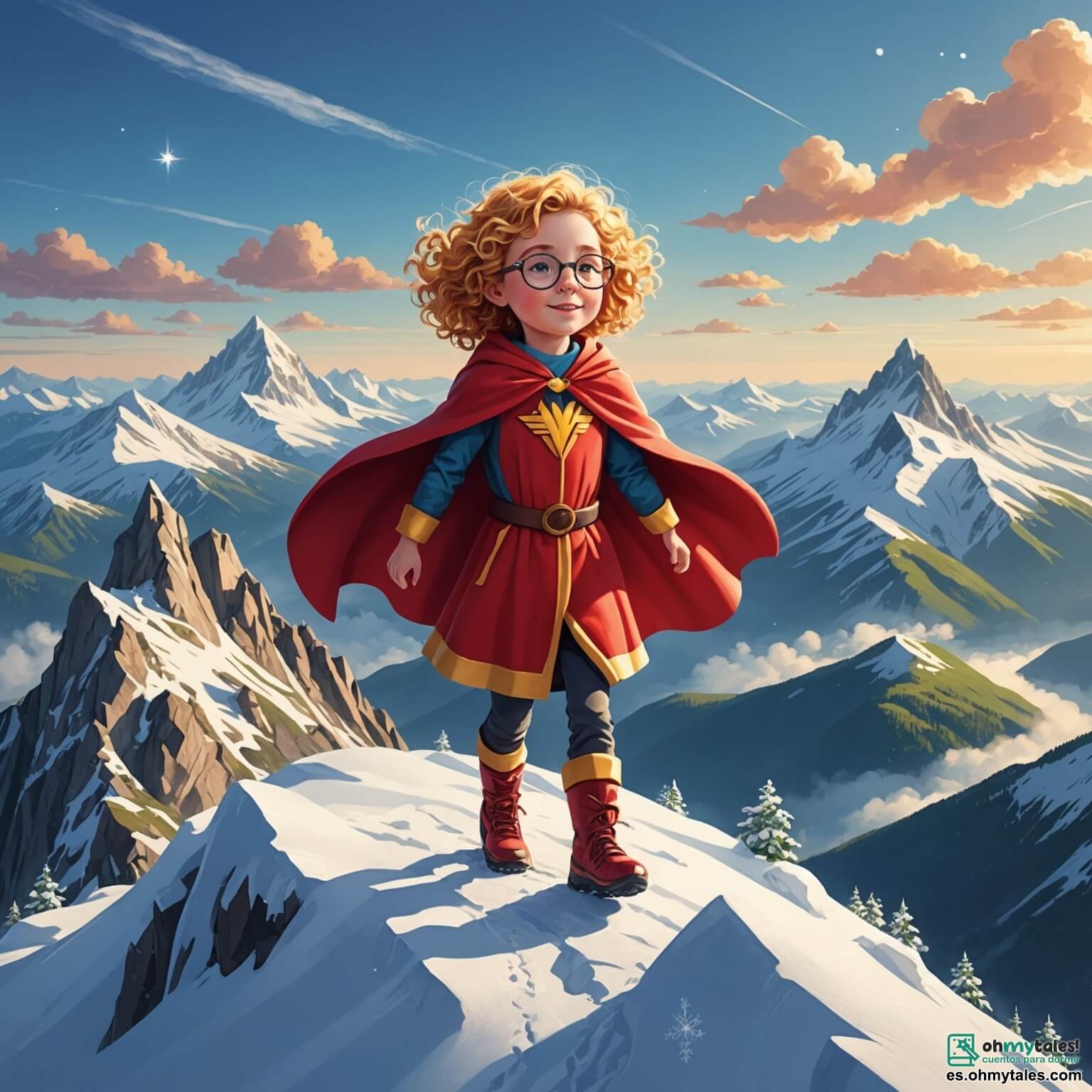 Une illustration destinée aux enfants représentant une fille aux cheveux bouclés et dorés comme des rayons de soleil, vêtue d'une cape rouge flottante, se tenant sur le sommet d'une montagne escarpée, entourée de nuages cotonneux et de flocons de neige scintillants, prête à relever le défi impossible de grimper jusqu'au sommet d'un pic légendaire, tandis qu'un petit garçon aux lunettes rondes et aux joues roses, son ami fidèle, l'encourage avec un grand sourire au bas de la montagne, où des fleurs colorées et des arbres verdoyants dansent au rythme du vent.