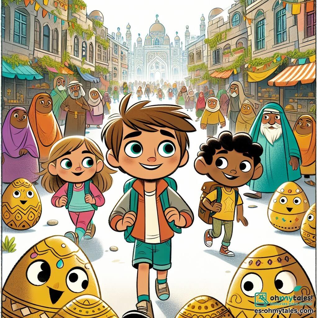 Une illustration destinée aux enfants représentant un garçon curieux et aventurier, accompagné de ses amis, une fille et un garçon, parcourant les rues colorées et animées d'un village rempli de personnages en forme d'œufs parlants, à la recherche des mystérieux œufs dorés de Pâques.