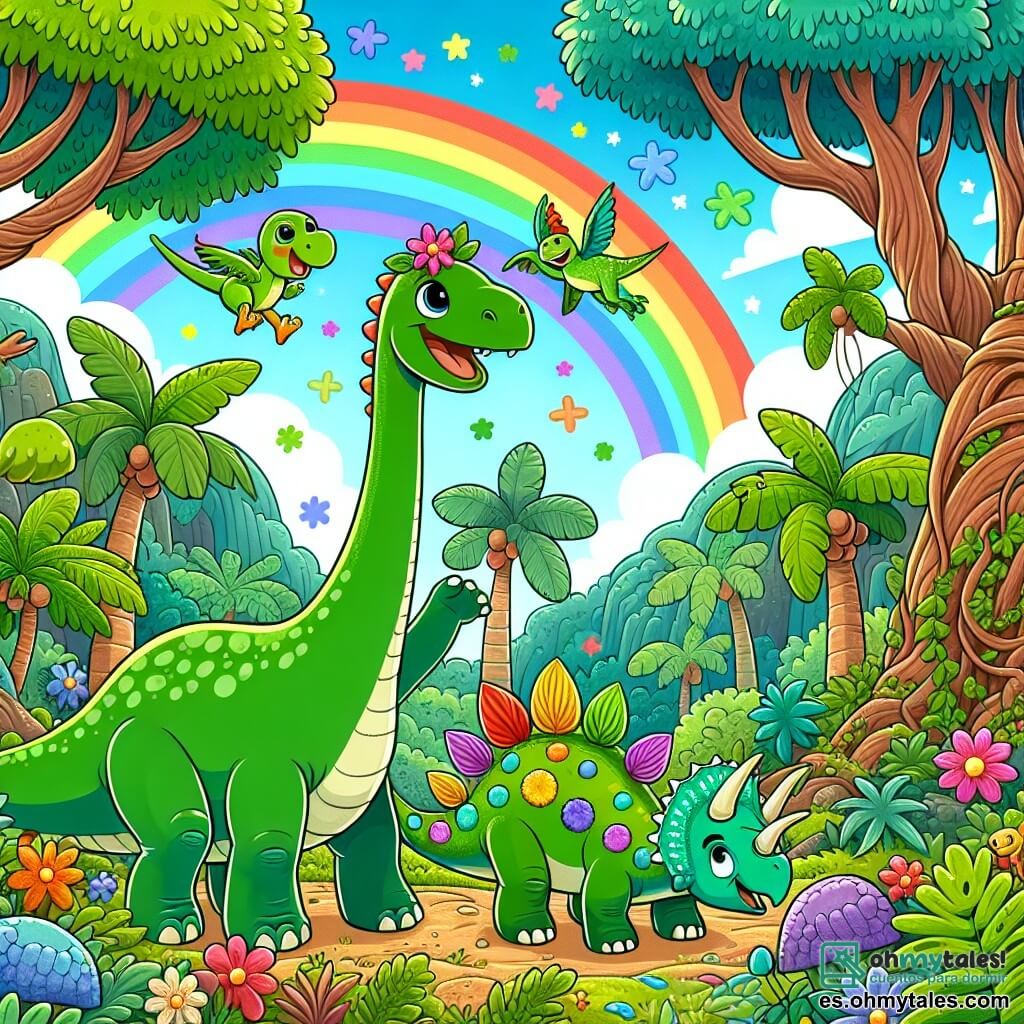 Une illustration sous forme de dessin destinée aux enfants représentant une jungle vibrante et colorée, avec des arbres géants aux feuilles luxuriantes et des fleurs éclatantes, où un diplodocus au long cou et à la peau verte, curieux et joyeux, se tient au centre, entouré de ses amis : un velociraptor au pelage vert brillant qui saute avec enthousiasme, une triceratops portant une fleur sur la tête qui sourit, et un stégosaure aux épines colorées qui brille, alors qu'ils découvrent ensemble un arc-en-ciel magique dans le ciel, symbolisant leur quête d'aventure et d'amitié.