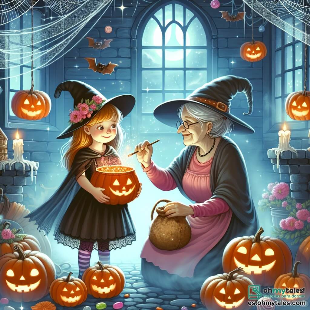 Une illustration destinée aux enfants représentant une fillette déguisée en sorcière, aidant une gentille vieille dame à préparer des bonbons magiques dans une maison embrumée et mystérieuse décorée de citrouilles lumineuses, de toiles d'araignée et de chauves-souris suspendues.