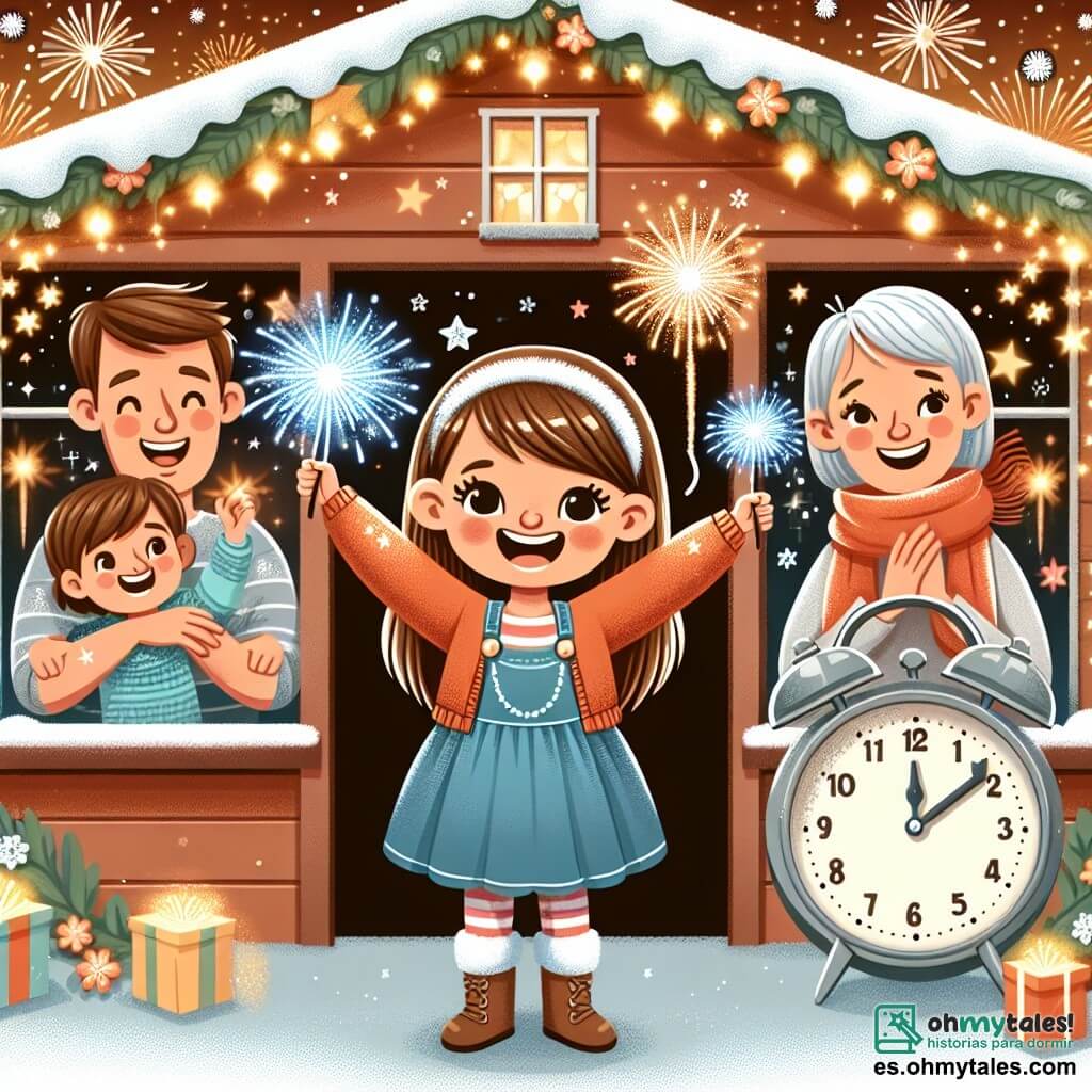 Une illustration destinée aux enfants représentant une fillette pleine d'enthousiasme, entourée de sa famille, célébrant la Nouvelle Année avec des feux d'artifice étincelants dans une maison décorée de guirlandes scintillantes et d'un grand horloge de carton.