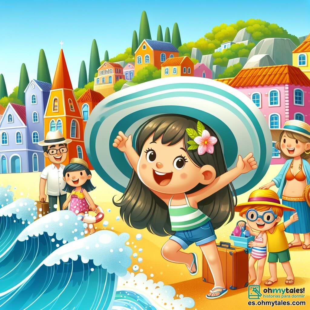Une illustration destinée aux enfants représentant une petite fille pleine d'enthousiasme, se préparant pour les vacances d'été, accompagnée de sa famille, découvrant joyeusement une plage paradisiaque avec des vagues éclaboussantes et un village pittoresque aux maisons colorées et aux rues pavées.