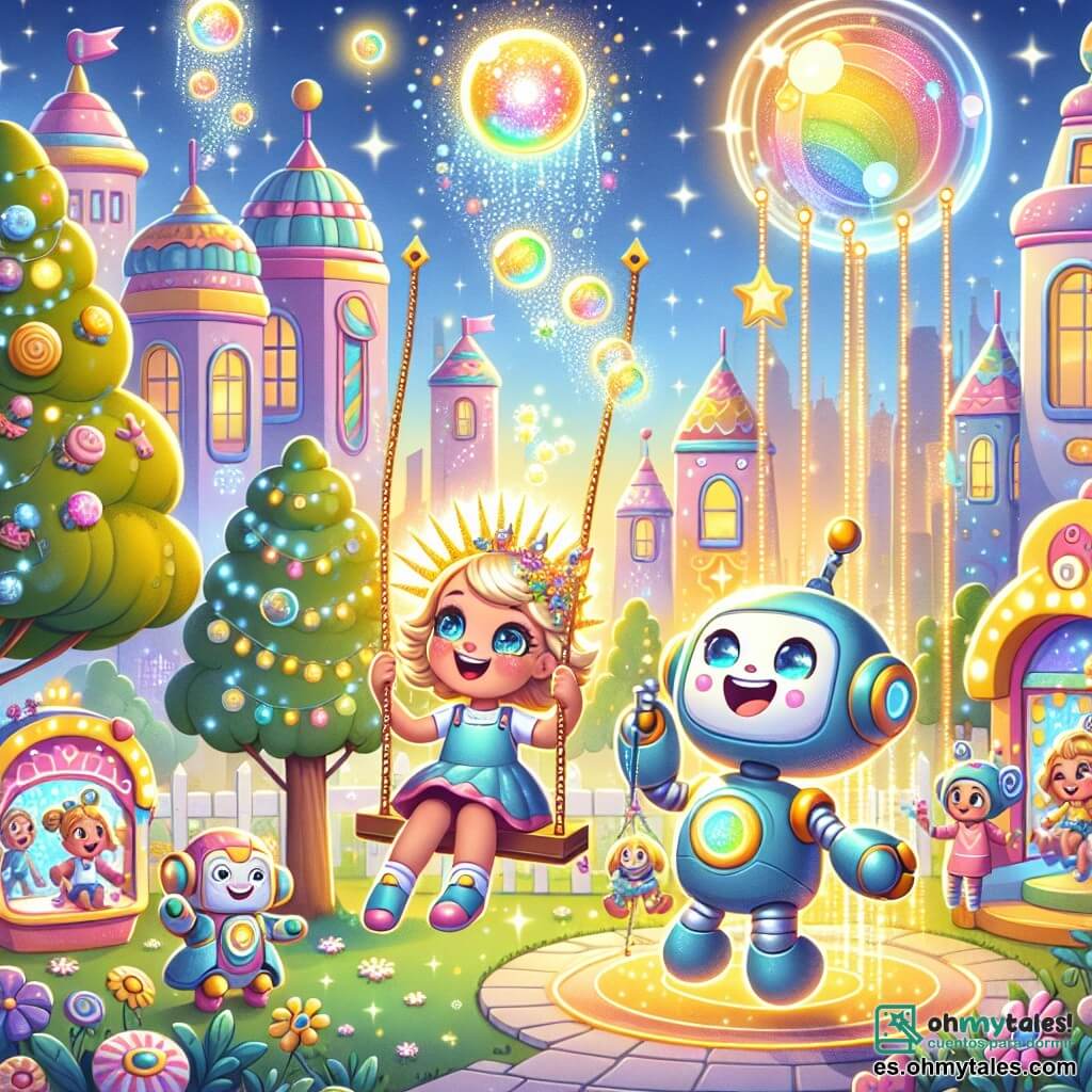 Ilustración que representa un parque mágico en una ciudad futurista, donde las casas coloridas parecen dulces y pasteles, con árboles de hojas brillantes y juegos flotantes en el aire. En el centro de la escena, una niña de tres años, con cabello dorado como el sol y ojos chispeantes, ríe alegremente mientras se balancea en un columpio luminoso que brilla intensamente. A su lado, un robot amigable de color azul, con brazos articulados y una gran sonrisa, la anima a atrapar burbujas gigantes que flotan a su alrededor, creando destellos de colores en el aire. Al fondo, otros niños se divierten con robots, mientras melodías suaves emergen de los juegos. La atmósfera es alegre y mágica, con estrellas brillantes y flores cantantes que añaden belleza a este lugar encantador.