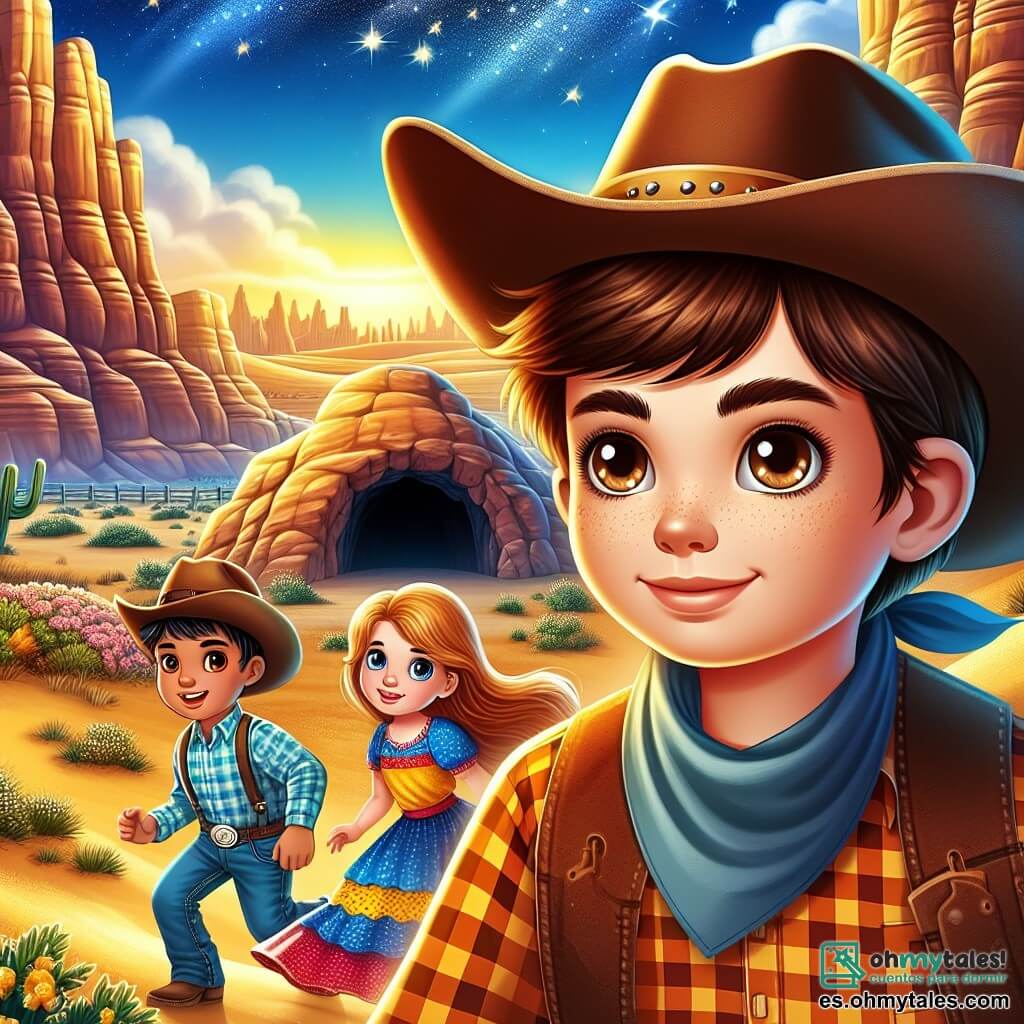Une illustration sous forme de dessin destinée aux enfants représentant un vaste paysage désertique de Valle Dorado, avec des collines dorées sous un ciel bleu éclatant, où un jeune cow-boy aux cheveux bruns, portant un chapeau de cowboy et une chemise à carreaux, se tient courageusement devant une caverne mystérieuse, tandis que ses deux amis, une fille aux cheveux longs et blonds avec une robe colorée et un garçon aux cheveux châtains en t-shirt, l'observent avec des yeux émerveillés, tous trois prêts à explorer les trésors cachés à l'intérieur de la caverne.