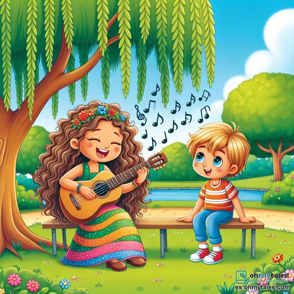 Une illustration sous forme de dessin destinée aux enfants représentant un parc ensoleillé avec des arbres aux feuilles vertes et un banc sous un saule pleureur, où une jeune femme aux cheveux bouclés et à la robe colorée chante joyeusement avec sa guitare, tandis qu'un garçon aux cheveux blonds et aux yeux pétillants l'écoute avec admiration, tous deux entourés de notes de musique flottant dans l'air, illustrant leur rêve commun de partager leur passion pour la musique avec le monde.