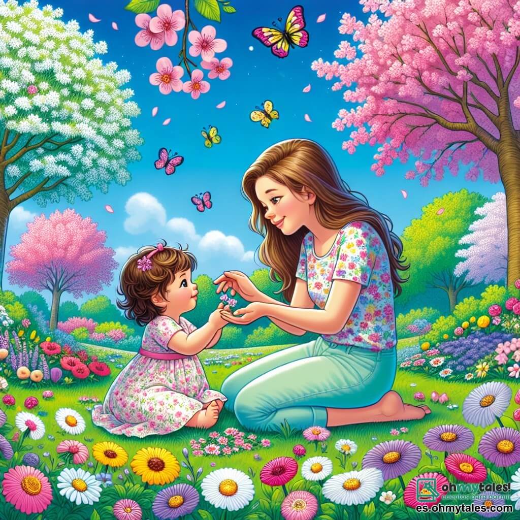 Ilustración que representa un parque primaveral lleno de colores. El cielo es de un azul profundo, salpicado de algunas nubes blancas y esponjosas. Los árboles están en flor, con pétalos rosas y blancos que caen suavemente al suelo. Flores multicolores, rosas, amarillas y moradas, cubren el suelo verde.

En el centro, una niña de 1 año, con cabello rizado y castaño, lleva un vestido ligero con estampado floral. Está sentada en la hierba, con los ojos brillantes de curiosidad, tocando delicadamente una flor con sus pequeñas manos. Su rostro está iluminado por una gran sonrisa.

A su lado, una mujer de unos 30 años, con cabello largo y liso, vestida con una camiseta colorida y pantalones ligeros, observa a su hija con ternura. Está agachada, con las manos sobre las rodillas, sonriendo mientras mira los descubrimientos de su pequeña.

La escena captura un momento de alegría y asombro, mientras la niña se maravilla ante la belleza de las flores y los insectos que vuelan a su alrededor. Mariposas coloridas bailan en el aire, añadiendo un toque de magia a este cuadro primaveral.