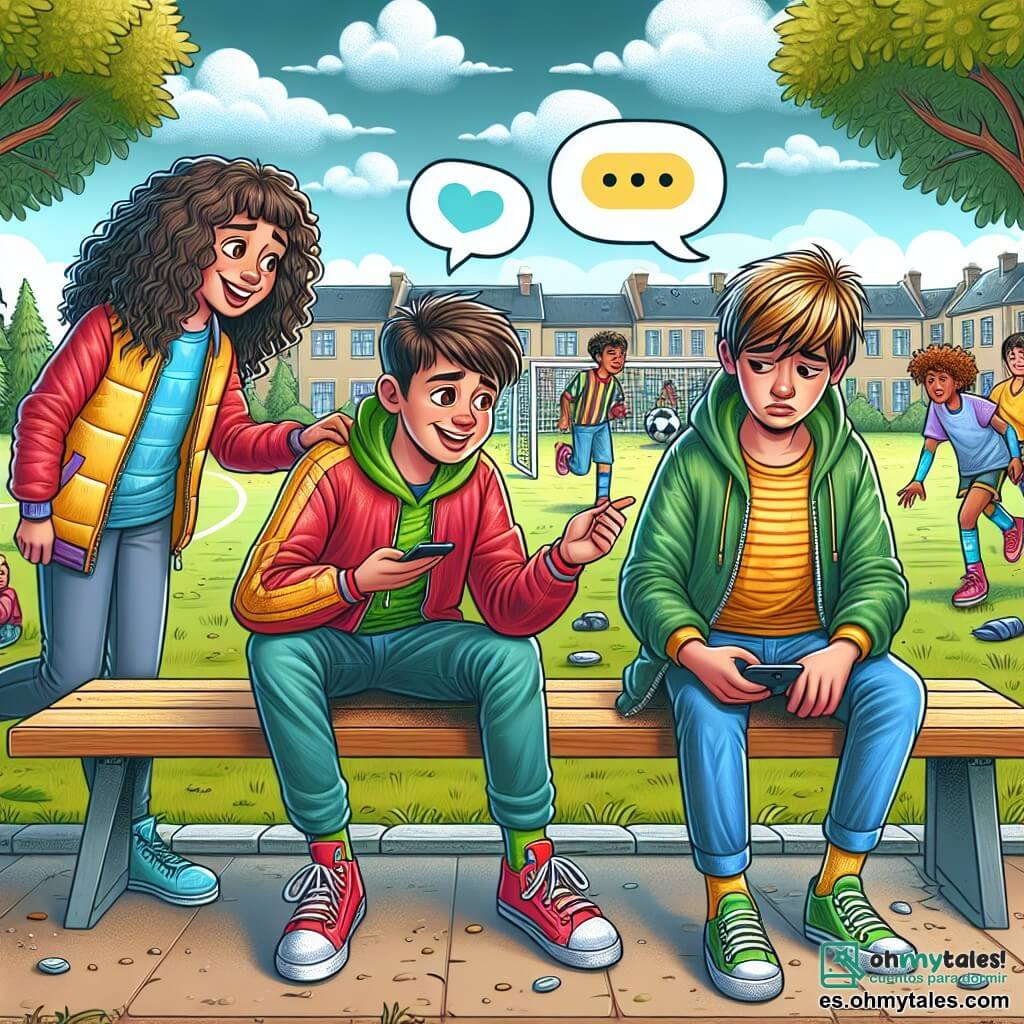 Ilustración que representa un patio de escuela animado, con árboles frondosos y bancos coloridos. En el centro, un niño de doce años, con cabello castaño y ojos brillantes, sonríe mientras se acerca a otro niño, que está sentado solo en un banco, luciendo triste, con cabello rubio y una vestimenta sencilla. Este último, de aproximadamente doce años, mira su teléfono con una expresión de desesperación. Al lado, una niña de doce años, con cabello rizado y una paleta de colores vivos en su chaqueta, observa la escena con una expresión de compasión, lista para intervenir. La situación principal muestra al niño sonriente extendiendo la mano hacia el otro niño sentado, simbolizando la empatía y el apoyo, mientras que la niña se prepara para unirse a ellos para alentarlos. En el fondo, otros niños juegan al fútbol, creando una atmósfera de camaradería y alegría, contrastando con la soledad del niño sentado. Burbujas de diálogo podrían ilustrar palabras de apoyo y amistad flotando a su alrededor, reforzando el mensaje positivo de la ilustración.