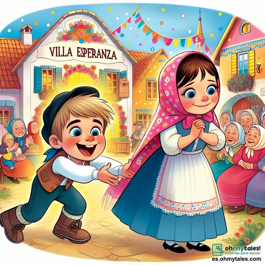 Une illustration destinée aux enfants représentant un garçon joyeux et curieux accompagnant une fille malade à la pañoleta dans un village coloré et animé appelé Villa Esperanza.