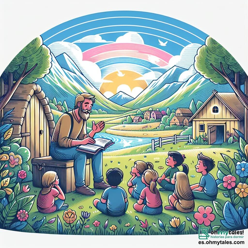 Une illustration destinée aux enfants représentant un homme au cœur généreux, partageant des contes de paix et d'espoir dans un refuge de rêves, entouré d'enfants curieux, au milieu d'un village paisible bordé de montagnes verdoyantes et de champs fleuris.