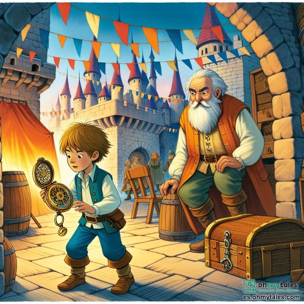 Une illustration destinée aux enfants représentant un garçon intrépide découvrant un mystérieux reloj de poche dans le grenier de son grand-père, accompagné d'un sage vieil homme, dans un château médiéval orné de drapeaux colorés et de tours majestueuses.
