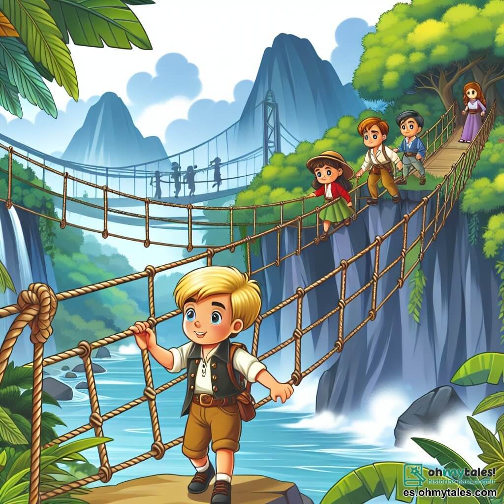 Une illustration destinée aux enfants représentant un petit garçon intrépide se tenant sur un pont de corde au-dessus d'un abîme, accompagné de ses amis, une fillette curieuse et deux garçons déterminés, au cœur de la luxuriante et mystérieuse jungle tropicale.