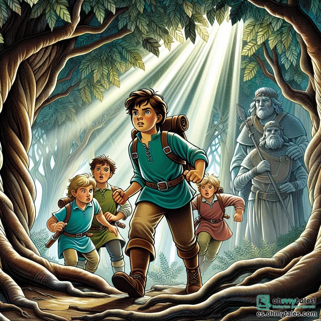 Une illustration destinée aux enfants représentant un petit garçon intrépide se lançant dans une mission de sauvetage avec ses amis, une fillette courageuse et deux garçons audacieux, à travers un sombre et mystérieux bosquet, où la lumière du soleil filtre à travers les feuilles des grands arbres.