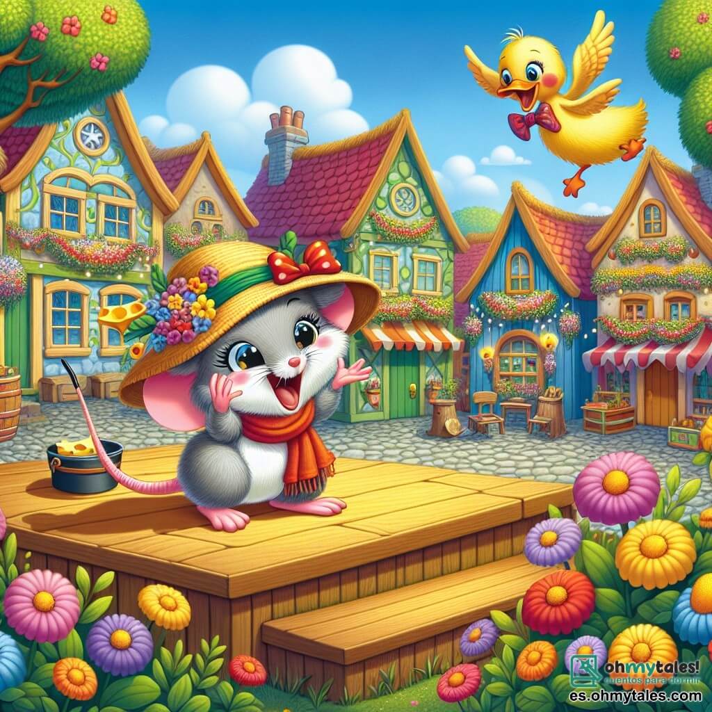 Ilustración que representa una escena alegre en una pequeña plaza animada de un pueblo animal. La plaza está rodeada de casas coloridas con techos a dos aguas, con flores brillantes y árboles verdes que bailan al viento. En el centro, un escenario de madera decorado con guirnaldas luminosas acoge una competencia de risas. El personaje principal es un pequeño ratón de suave pelaje gris, con grandes ojos chispeantes. Lleva un sombrero de paja adornado con flores coloridas y un bonito lazo rojo. Está haciendo gestos exagerados, tratando de cautivar a su público con un truco de magia, mientras sostiene un pañuelo rojo. A su lado, un pato de plumas amarillas y sonrisa traviesa parece animar al ratón con entusiasmo, de pie en un pequeño estrado, con las alas levantadas, listo para aplaudir. La situación principal muestra al ratón en plena actuación, intentando hacer desaparecer un queso, mientras un pez colorido, que se ha escapado de su recipiente, vuela por el aire, provocando risas entre los otros animales reunidos. Risas y alegría se reflejan en los rostros de los espectadores, que son animales variados como gatos, perros y conejos, todos cautivados por el espectáculo. Globos de colores flotan en el aire, añadiendo a la atmósfera festiva y alegre de este día memorable.