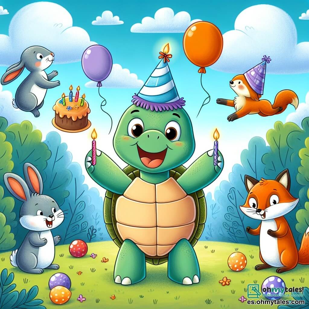 Une illustration destinée aux enfants représentant une tortue joyeuse célébrant son anniversaire avec ses amis animaux, dont un lapin espiègle, une ardilla vive et un renard malicieux, dans une clairière enchantée du bosque, sous un ciel bleu parsemé de nuages moelleux et colorés.