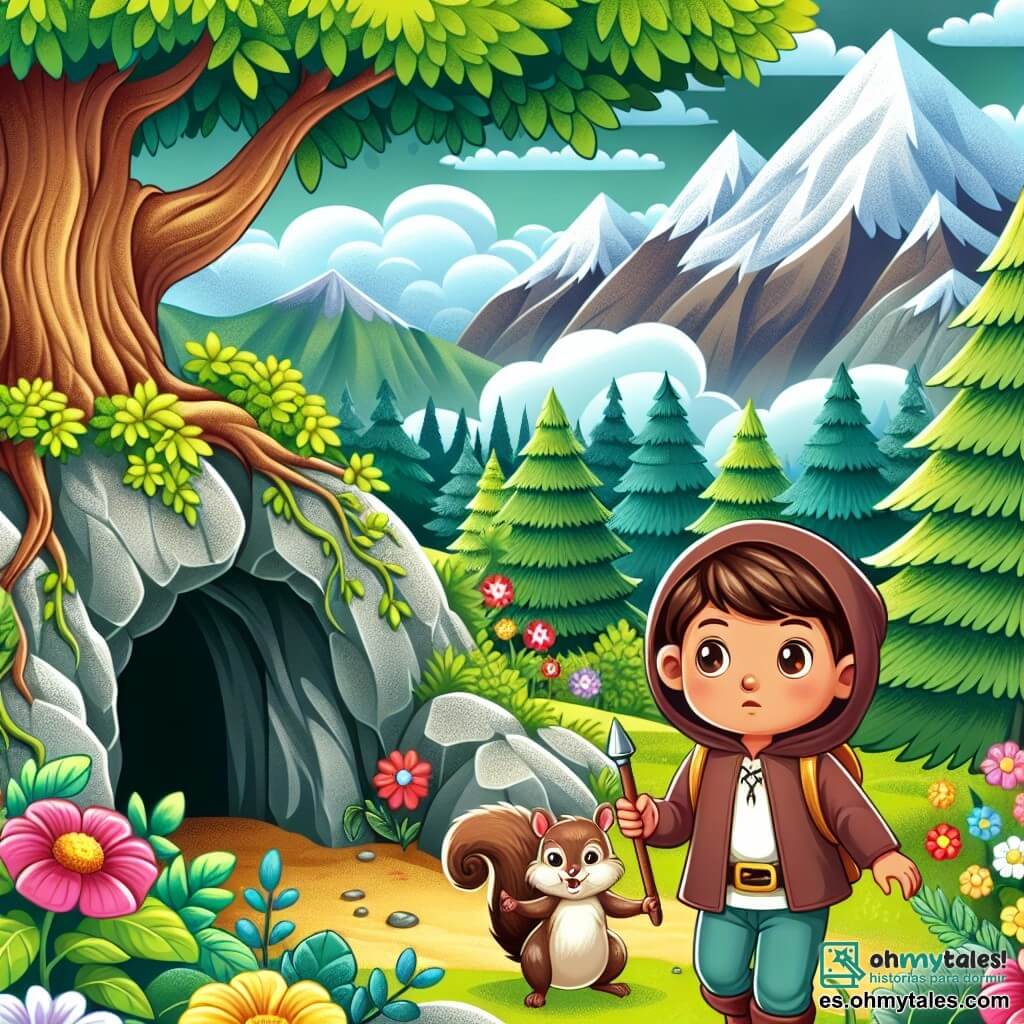 Une illustration destinée aux enfants représentant une petite fille courageuse explorant une mystérieuse grotte avec l'aide d'un écureuil malicieux, dans un bosquet enchanté aux arbres touffus et aux fleurs lumineuses, caché au cœur d'une vallée verdoyante entourée de majestueuses montagnes enneigées.