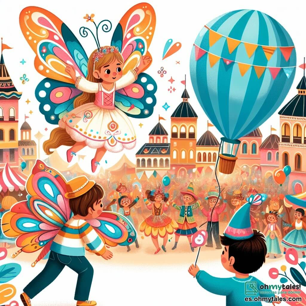 Une illustration destinée aux enfants représentant une petite fille vêtue d'un costume de mariposa, s'envolant dans les airs avec un ballon magique, rencontrant un garçon perdu au milieu d'un Carnaval coloré et animé dans la ville d'Alegría.