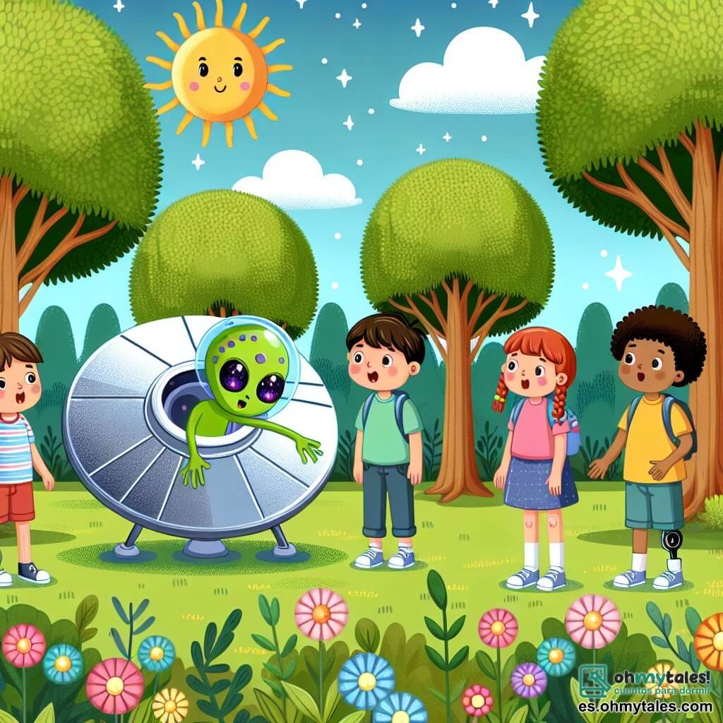 Une illustration sous forme de dessin destinée aux enfants représentant un parc ensoleillé avec des arbres aux feuilles vertes et des fleurs colorées, où un groupe de quatre enfants de 9 ans, deux garçons aux cheveux bruns et courts, l'un portant une petite prothèse à la jambe, et deux filles, l'une avec des cheveux ronds et bouclés et l'autre avec une tresse, se tiennent émerveillés devant un vaisseau spatial brillant en forme de disque qui vient d'atterrir, tandis qu'un extraterrestre vert avec de grands yeux et une peau tachetée de violet sort de la navette, leur demandant de l'aide pour retrouver son dispositif de navigation perdu.