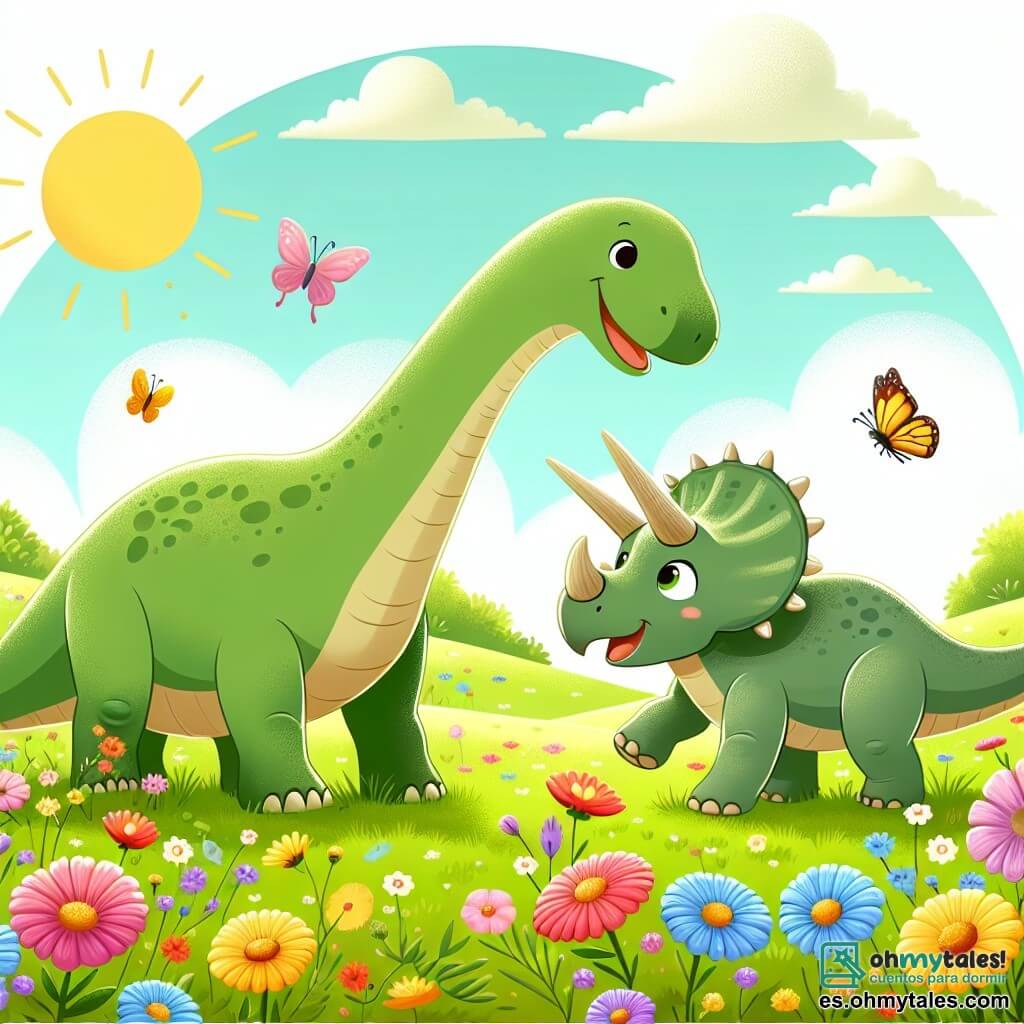 Une illustration sous forme de dessin destinée aux enfants représentant un clair ensoleillé rempli de fleurs colorées et d'herbe douce, où un grand diplodocus au long cou et à la peau verte joue joyeusement avec un petit triceratops aux cornes pointues et à la peau beige, tandis que des mariposas colorées volent autour d'eux, capturant l'instant magique de leur nouvelle amitié dans un monde préhistorique vibrant de vie.