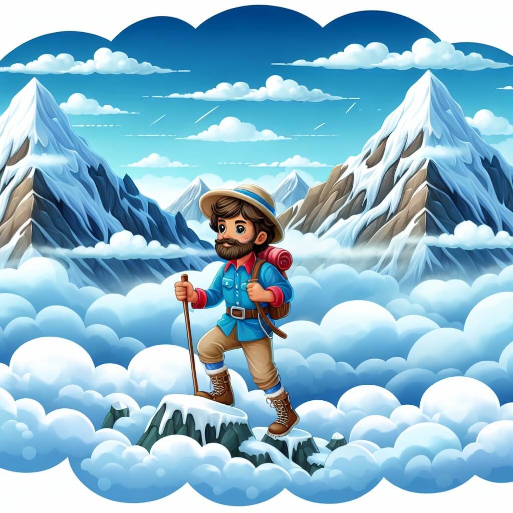 Une illustration destinée aux enfants représentant une aventurière courageuse, vêtue d'une combinaison bleue et d'un chapeau de paille, escaladant une montagne enneigée aux sommets embrumés, accompagnée d'un guide barbu et vêtu d'une veste rouge, dans un paysage majestueux où les pics enneigés se dressent fièrement contre un ciel bleu azur parsemé de nuages blancs cotonneux.