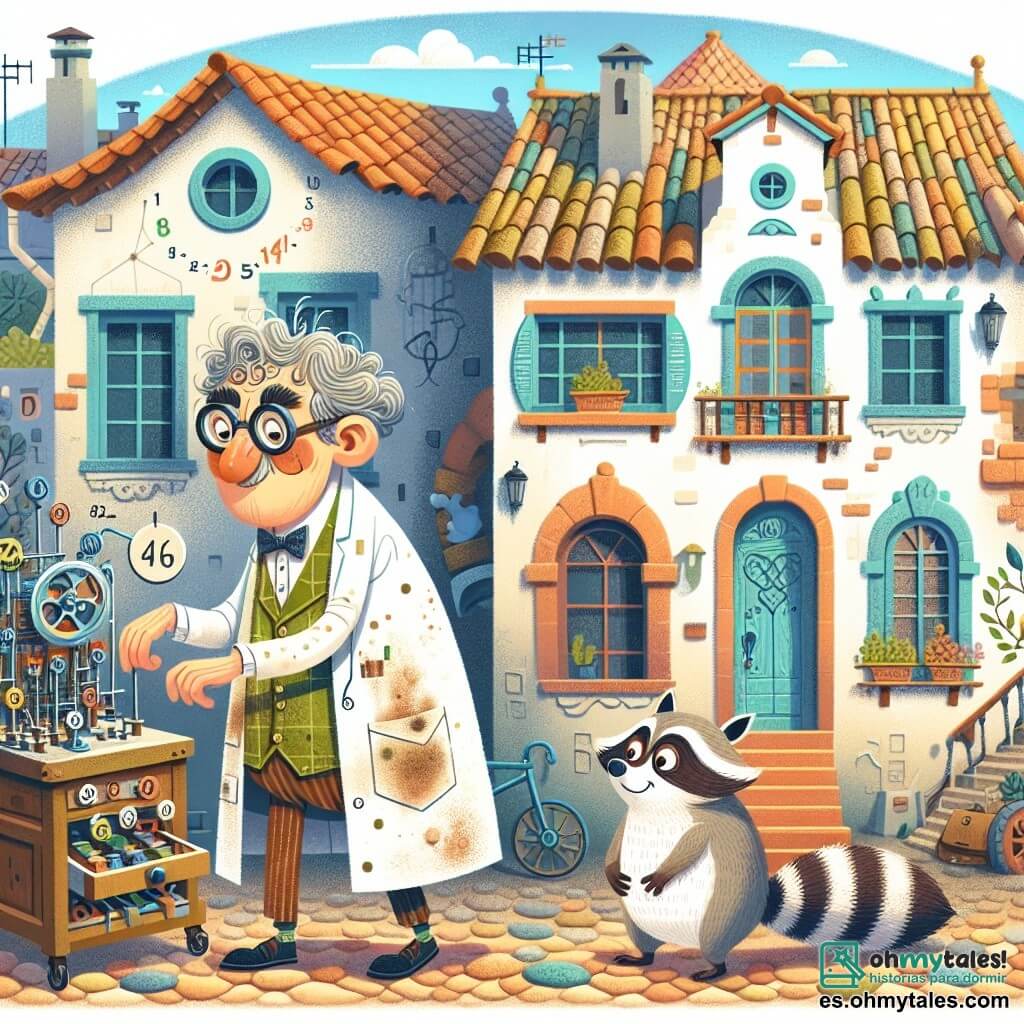 Une illustration destinée aux enfants représentant un inventeur excentrique en bata blanche tachée, une machine de multiplication délirante, un raton curieux et malicieux, dans le pittoresque village de Villalocos, aux maisons colorées et aux ruelles pavées, où les tuiles des toits brillent sous le soleil.