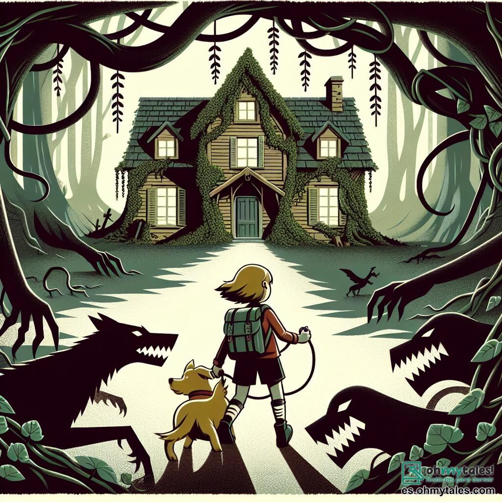 Une illustration destinée aux enfants représentant une jeune fille intrépide, accompagnée de son fidèle chien, explorant une maison abandonnée recouverte de lierre et entourée de mystérieuses ombres dans le village pittoresque de Villa Alegre.